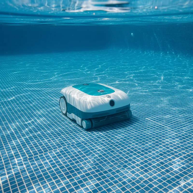 Robô de limpeza de piscina em ação em água cristalina